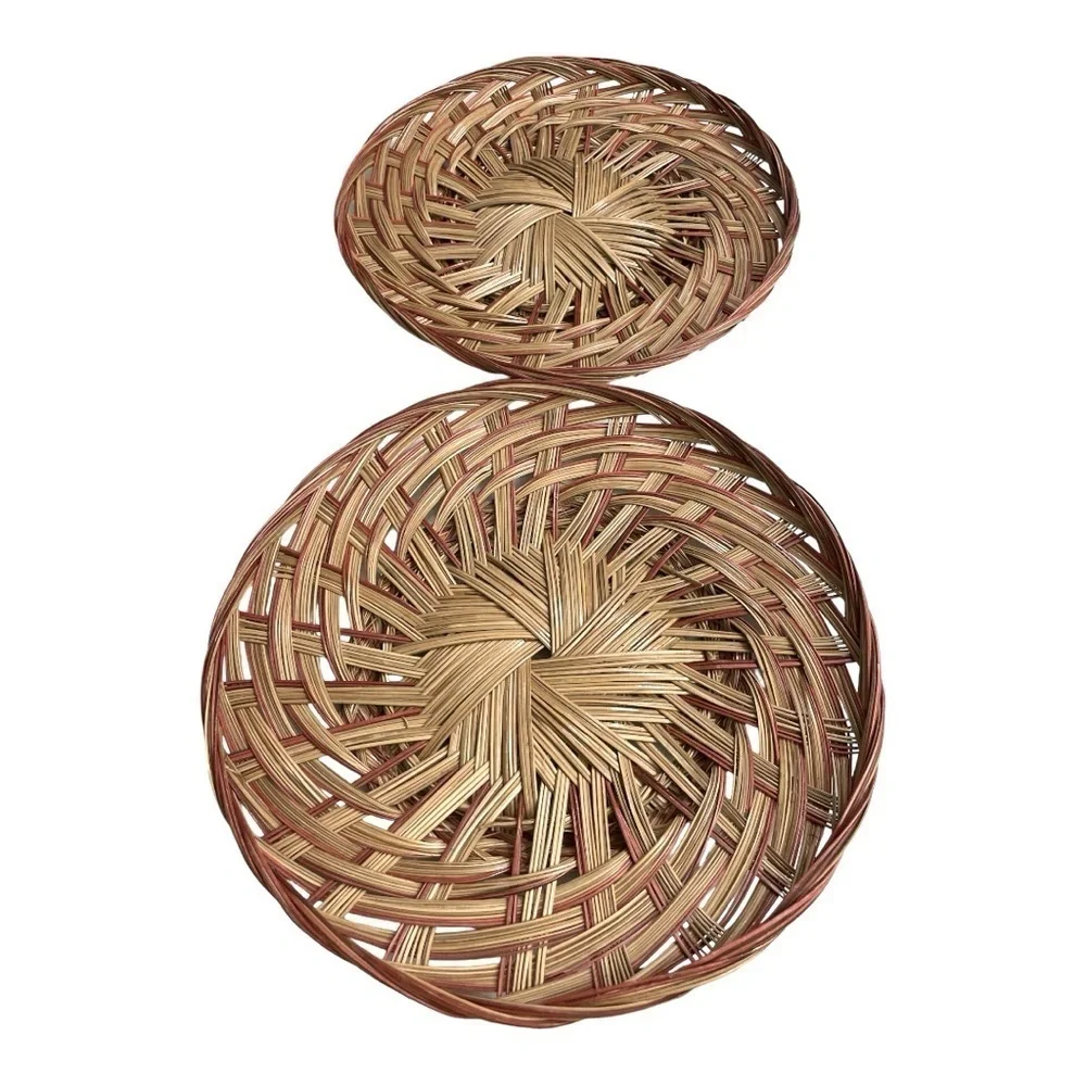 2 Basket Tray Round Two-Tone Coco Midrib Boho Rattan Wicker Reed Basket Decor